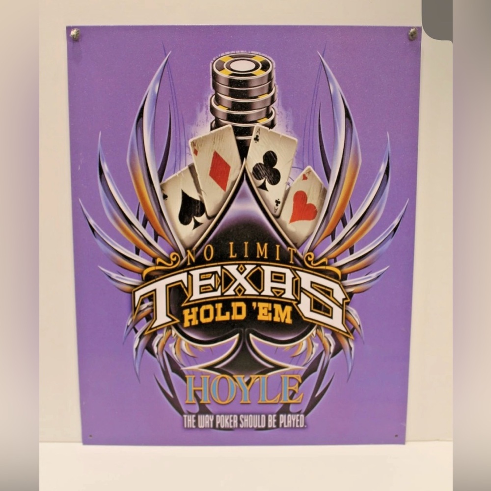 Hoyle No Limit Texas Hold 'em Poker Chips Cards Metal Wall Sign 15"X 12" Purple